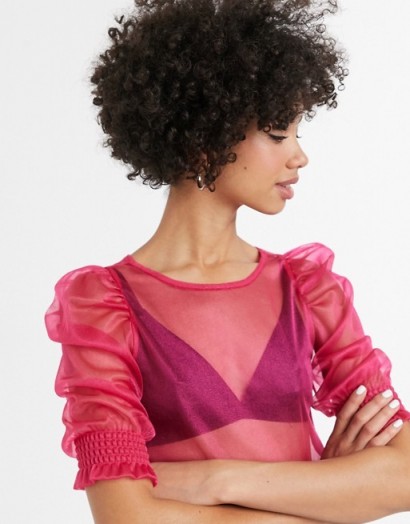 Monki puff sleeve organza blouse in fuchsia pink