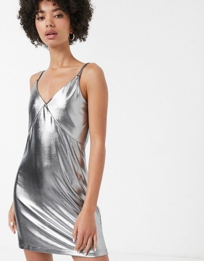 Monki satin mini cami dress in silver | metallic slip dresses - flipped