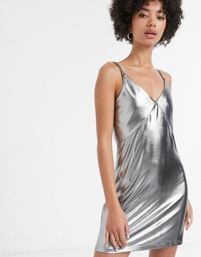 Monki satin mini cami dress in silver | metallic slip dresses