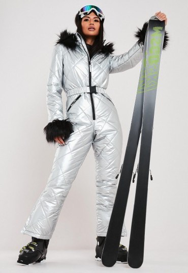 msgd ski silver metallic padded snow suit / winter sports suits - flipped