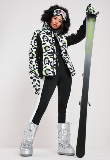 msgd ski white animal print padded jacket with mittens / winter sports jackets - flipped