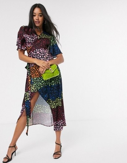 Never Fully Dressed splice wrap midi dress in contrast leopard print / multi-coloured dresses - flipped