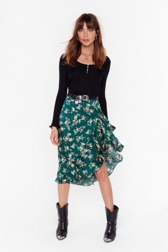 NASTY GAL Nothing Bud a Goodtime Floral Midi Skirt in Green. SIDE RUFFLE SKIRTS - flipped