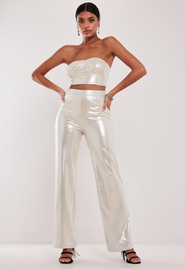 MISSGUIDED nude co ord shimmer wide leg trousers - flipped