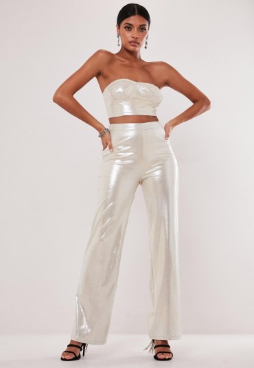 MISSGUIDED nude co ord shimmer wide leg trousers