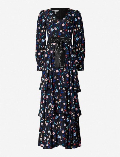 OLIVIA RUBIN Eveline retro floral-pattern silk-satin maxi dress in ~ feminine tiered dresses - flipped
