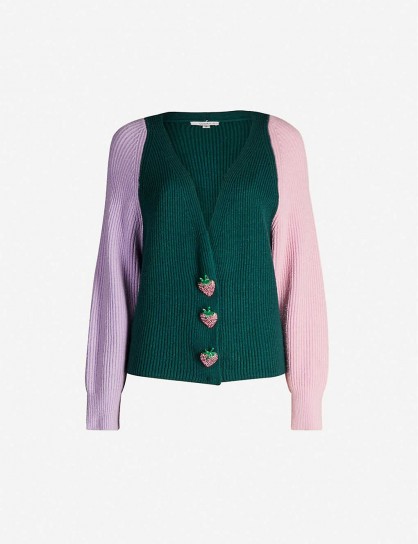 OLIVIA RUBIN Tally block-panel knit cardigan in green ~ cute colourblock cardi ~ strawberry buttons