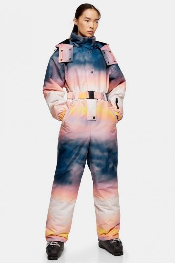 Topshop SNO Ombré Printed Hooded Ski Snow Suit – snow sport fashion – winter skiing suits
