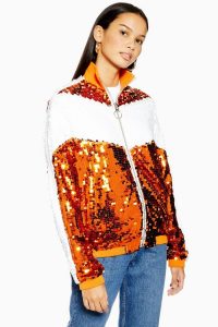 TOPSHOP Orange Sequin Track Top / sparkly sequinned jackets