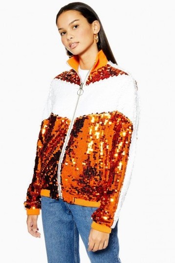 TOPSHOP Orange Sequin Track Top / sparkly sequinned jackets - flipped