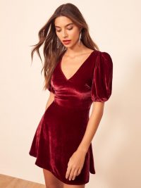 Reformation Peri Dress in Crimson | velvet puff sleeve mini dresses