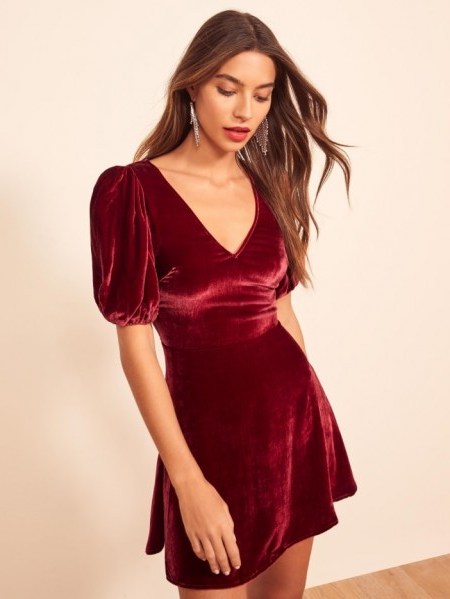 Reformation Peri Dress in Crimson | velvet puff sleeve mini dresses - flipped
