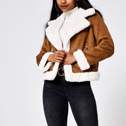 RIVER ISLAND Petite brown faux suede shearling jacket - flipped