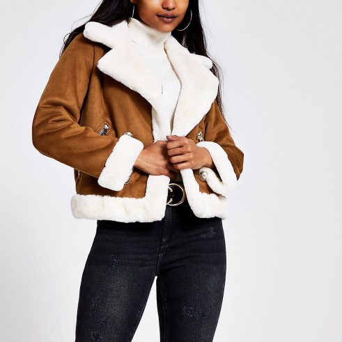 RIVER ISLAND Petite brown faux suede shearling jacket