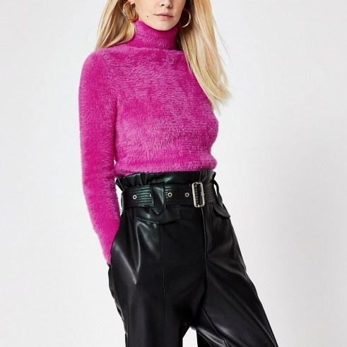 RIVER ISLAND Petite pink long sleeve fluffy jumper – textured high neck sweater - flipped