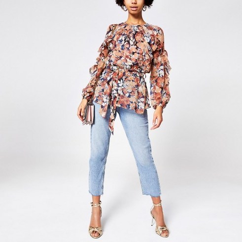 RIVER ISLAND Pink printed embellished frill blouse - flipped