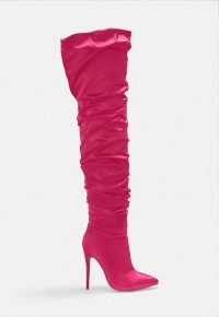MISSGUIDED pink satin ruched long slit boots / gathered stiletto boot