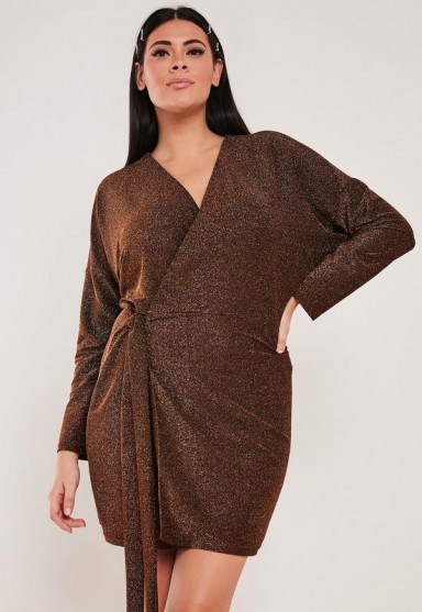 MISSGUIDED plus size gold glitter ruched wrap mini dress - flipped