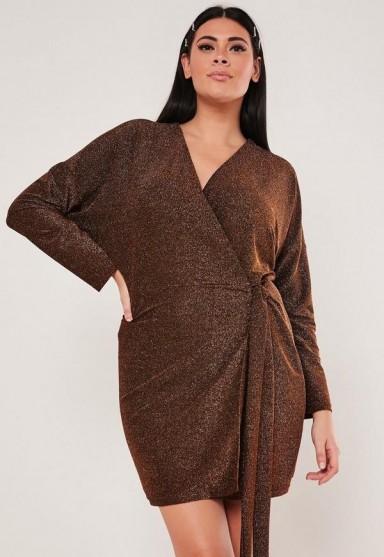 MISSGUIDED plus size gold glitter ruched wrap mini dress
