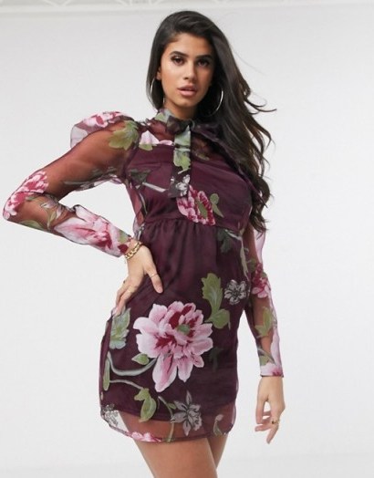PrettyLittleThing organza mini dress with puff sleeves in dark purple floral / sheer sleeved dresses - flipped