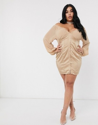 Public Desire Curve mini dress with hook and eye detail in beige satin – plus size party dresses - flipped