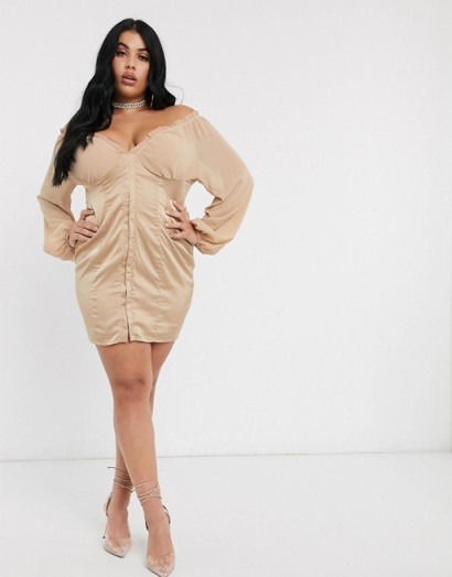 Public Desire Curve mini dress with hook and eye detail in beige satin – plus size party dresses