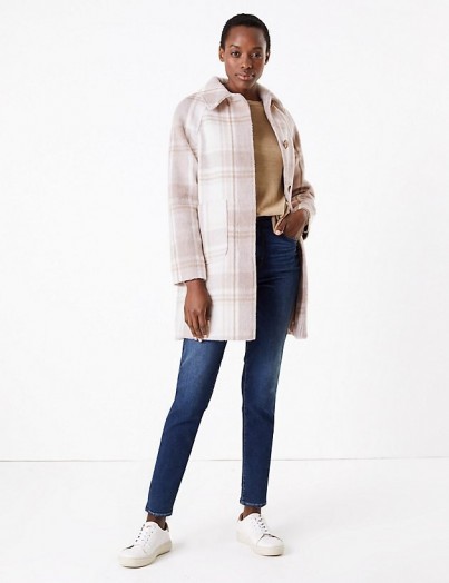 M&S COLLECTION Raglan Checked Car Coat in Natural Mix
