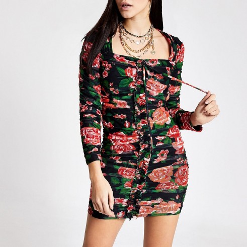 RIVER ISLAND Red floral rushed mesh bodycon dress