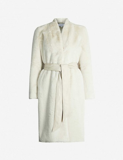 REISS Halle shawl-collar faux-fur coat in white / luxe winter coats