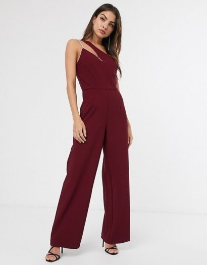 River Island asymmetric jumpsuit in dark red – glamorous going out fashion - flipped