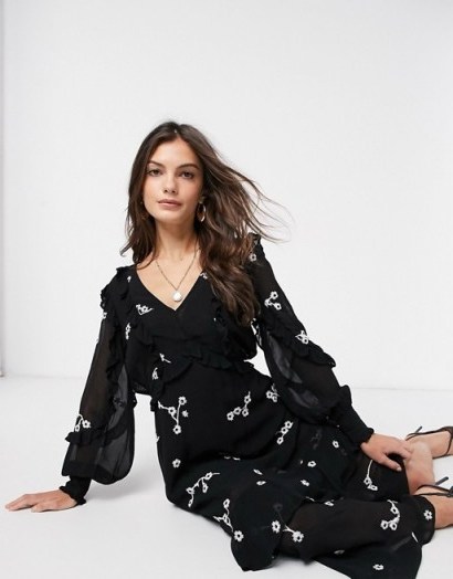 River Island ruffled midaxi dress with contrast embroidery in black - flipped