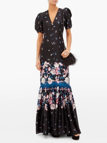ERDEM Rosetta Dusk Bouquet-print silk dress in black ~ tiered floral maxi