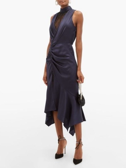 JONATHAN SIMKHAI Ruched Chantilly-lace and silk-charmeuse dress in navy ~ party glamour ~ side ruched evening dresses - flipped