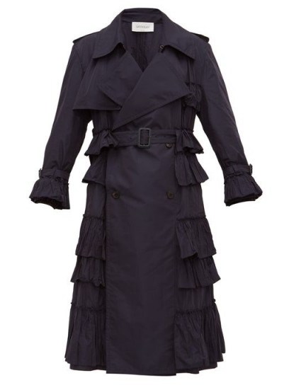 VALENTINO Ruffled technical trench coat in navy ~ designer winter coats ~ feminine look outerwear - flipped