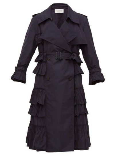 VALENTINO Ruffled technical trench coat in navy ~ designer winter coats ~ feminine look outerwear