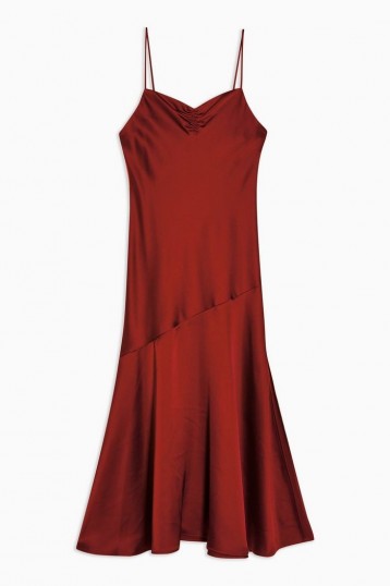Topshop Rust Ruched Bias Satin Slip Dress – side slit cami dresses