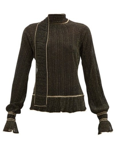 PETER PILOTTO Scarf-neck plissé metallic-knit sweater in black ~ chic knitwear - flipped