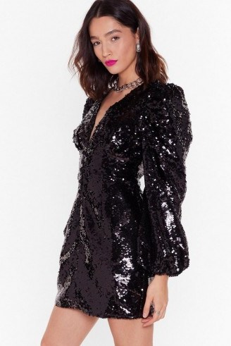 NASTY GAL Sequin of the Night Balloon Sleeve Mini Dress in Black. LBD - flipped