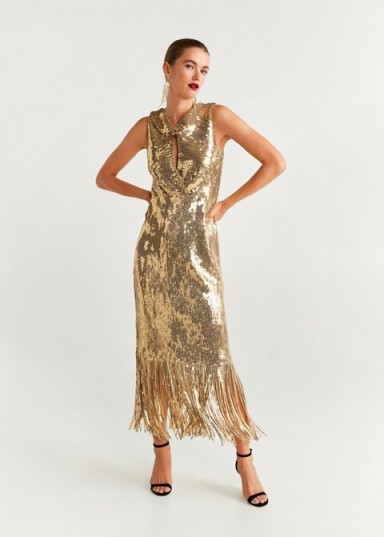 MANGO Gold sequin gown / fringed hemline dress