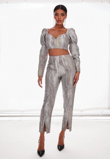 MISSGUIDED silver co ord metallic brocade trousers / slit hem pants - flipped