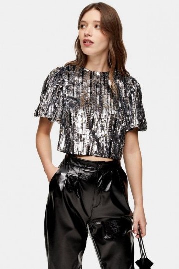 Topshop Silver Sequin Crop Blouse | glittering going out tops - flipped