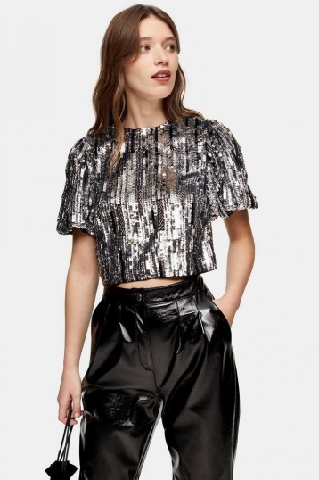 Topshop Silver Sequin Crop Blouse | glittering going out tops