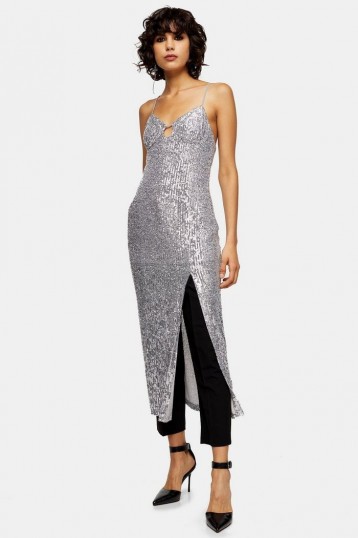 Topshop Silver Sequin Keyhole Midi Dress | sparkling slip dresses