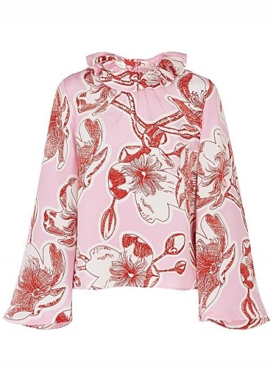 STINE GOYA Poppy floral-print silk blouse in pink ~ ruffle neck blouses - flipped
