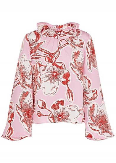 STINE GOYA Poppy floral-print silk blouse in pink ~ ruffle neck blouses