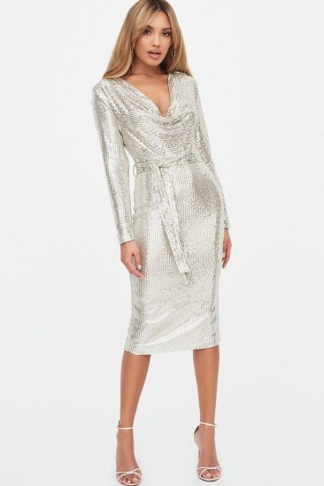 LAVISH ALICE stretch sequin cowl neck midi dress in silver / metallic party dresses - flipped