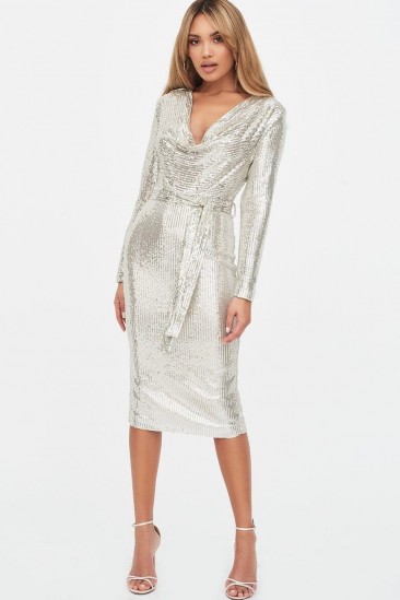 LAVISH ALICE stretch sequin cowl neck midi dress in silver / metallic party dresses