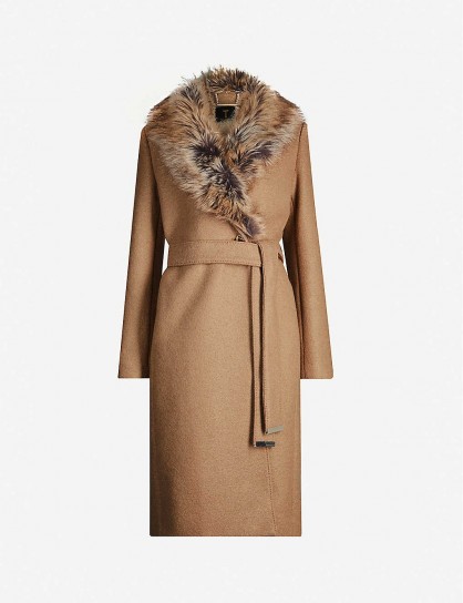 TED BAKER Corinna faux-fur trim wool-blend coat in tan | classic tie waist coats