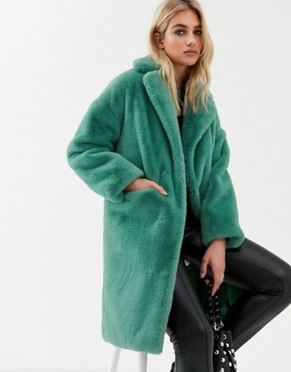 Topshop midi faux fur coat in sage / green winter coats - flipped