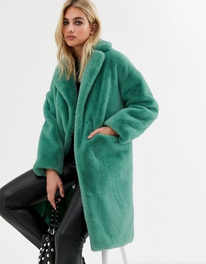 Topshop midi faux fur coat in sage / green winter coats
